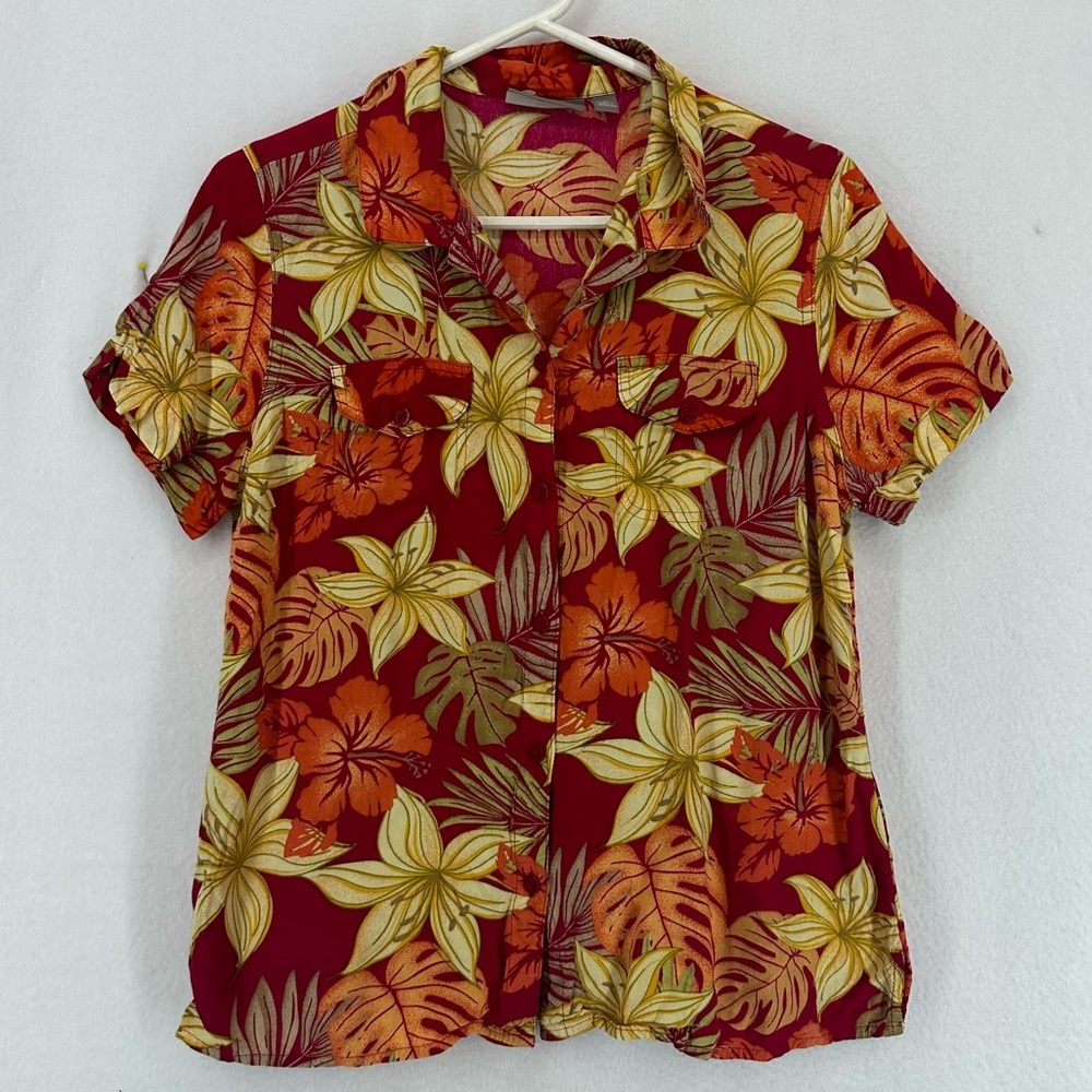Croft & Barrow Short Sleeve Button Up Hawaiian Theme Shirt Womens Medium‎ Red
